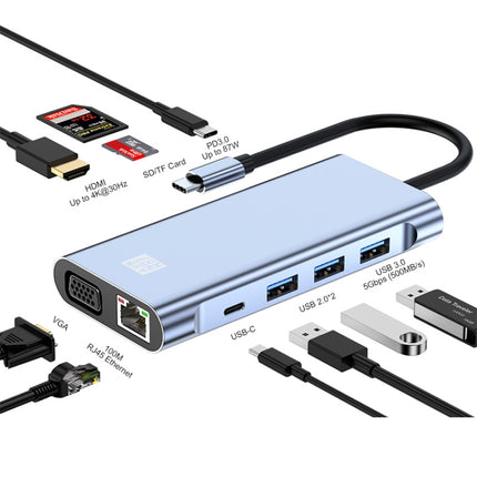 JUNSUNMAY 10 in 1 Type-C to 4K HDMI + VGA +RJ45 + 3.5mm Audio Docking Station Adapter PD Quick Charge Hub SD/TF Card Reader-garmade.com