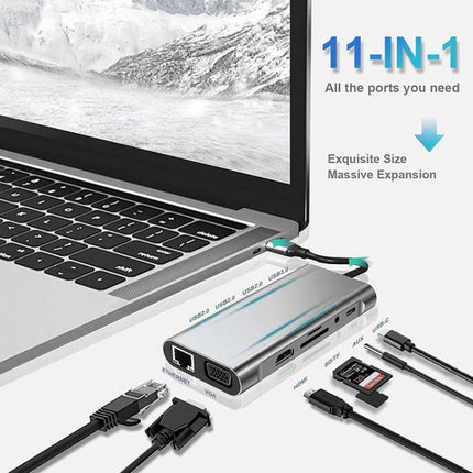 USB C HUB, USB C Adapter 11 in 1 Dongle with 4K HDMI, VGA, Type C PD, USB3.0, RJ45 Ethernet, SD/TF Card Reader, 3.5mm AUX, Docking Station Compatible with MacBook Pro/Air, Other Type C Laptops Devices-garmade.com
