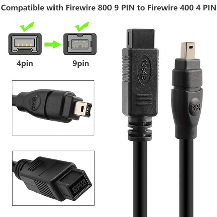 JUNSUNMAY FireWire High Speed Premium DV 800 9 Pin Male To FireWire 400 4 Pin Male IEEE 1394 Cable, Length:1.8m-garmade.com