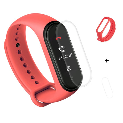 2 in 1 Silicone Rubber Wristband Wrist Band Strap Replacement with TPU Full Coverage Screen Film for Xiaomi Mi Band 4(Red)-garmade.com