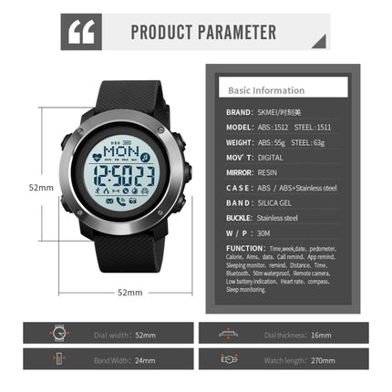 SKMEI 1511 Simple Bluetooth Men Smart Waterproof Compass Adult Smart Watch(Rubber Shell Black)-garmade.com
