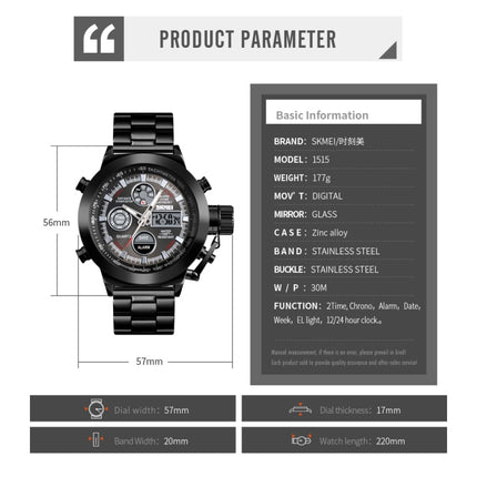 SKMEI 1515 Men Fashion Hip Hop Style Dual Display Electronic Watch Stainless Steel Watch(Silvery)-garmade.com