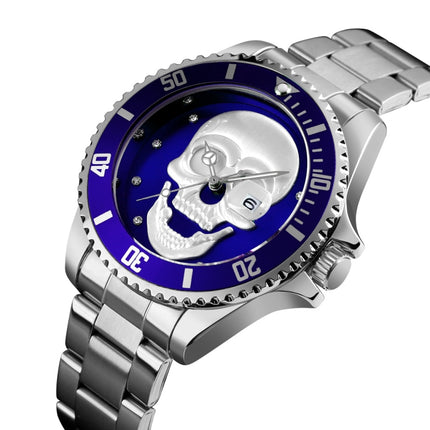 SKMEI 9195 Fashion Water-inlaid Drill Skull Nightlight Waterproof Quartz Watch Steel Strip Watch for Men(Silver Blue)-garmade.com