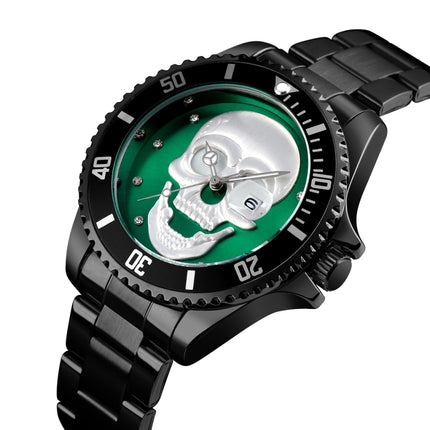 SKMEI 9195 Fashion Water-inlaid Drill Skull Nightlight Waterproof Quartz Watch Steel Strip Watch for Men(Black Green)-garmade.com