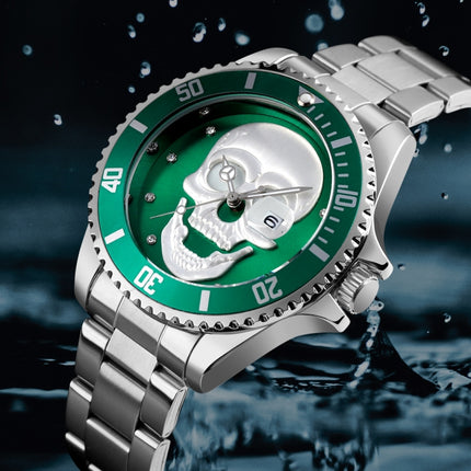 SKMEI 9195 Fashion Water-inlaid Drill Skull Nightlight Waterproof Quartz Watch Steel Strip Watch for Men(Black Green)-garmade.com