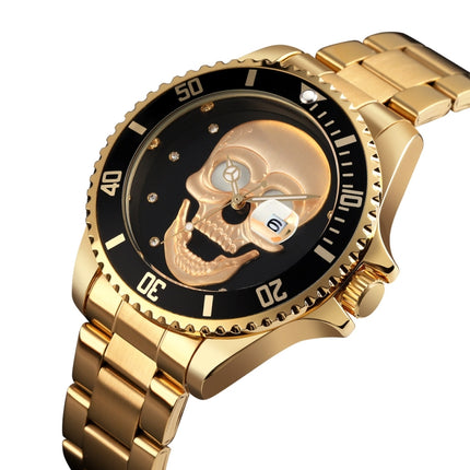 SKMEI 9195 Fashion Water-inlaid Drill Skull Nightlight Waterproof Quartz Watch Steel Strip Watch for Men(Golden Black)-garmade.com