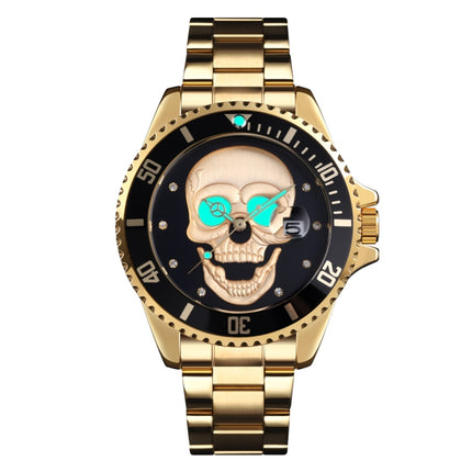 SKMEI 9195 Fashion Water-inlaid Drill Skull Nightlight Waterproof Quartz Watch Steel Strip Watch for Men(Golden Black)-garmade.com