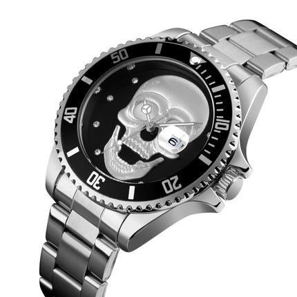 SKMEI 9195 Fashion Water-inlaid Drill Skull Nightlight Waterproof Quartz Watch Steel Strip Watch for Men(Silver Black)-garmade.com