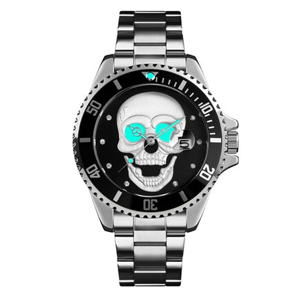 SKMEI 9195 Fashion Water-inlaid Drill Skull Nightlight Waterproof Quartz Watch Steel Strip Watch for Men(Silver Black)-garmade.com