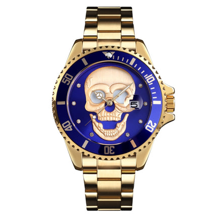 SKMEI 9195 Fashion Water-inlaid Drill Skull Nightlight Waterproof Quartz Watch Steel Strip Watch for Men(Golden Blue)-garmade.com