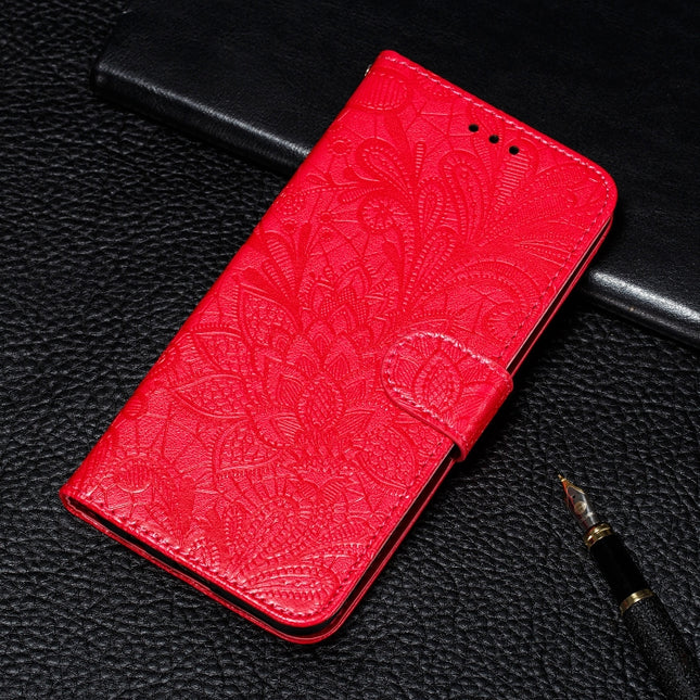 Lace Flower Embossing Pattern Horizontal Flip Leather Case for Galaxy Note10, with Holder & Card Slots & Wallet & Photo Frame & Lanyard(Red)-garmade.com