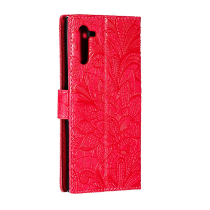 Lace Flower Embossing Pattern Horizontal Flip Leather Case for Galaxy Note10, with Holder & Card Slots & Wallet & Photo Frame & Lanyard(Red)-garmade.com