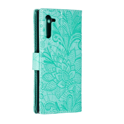 Lace Flower Embossing Pattern Horizontal Flip Leather Case for Galaxy Note10, with Holder & Card Slots & Wallet & Photo Frame & Lanyard(Green)-garmade.com