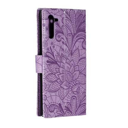 Lace Flower Embossing Pattern Horizontal Flip Leather Case for Galaxy Note10, with Holder & Card Slots & Wallet & Photo Frame & Lanyard(Purple)-garmade.com