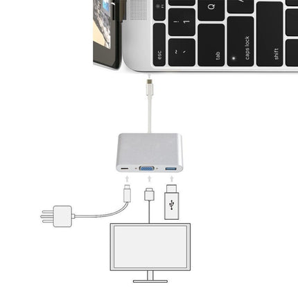 USB Type C to VGA 3-in-1 Hub Adapter supports USB Type C tablets and laptops for Macbook Pro / Google ChromeBook(Silver)-garmade.com
