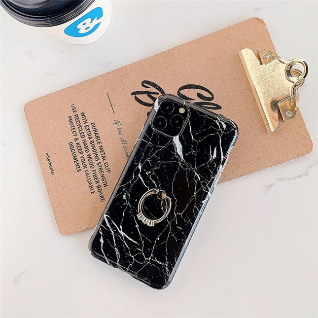 For iPhone 11 TPU Smooth Marble with Ring Metal Rhinestone Bracket Mobile Phone Protective Case(Gold Jade Q1)-garmade.com