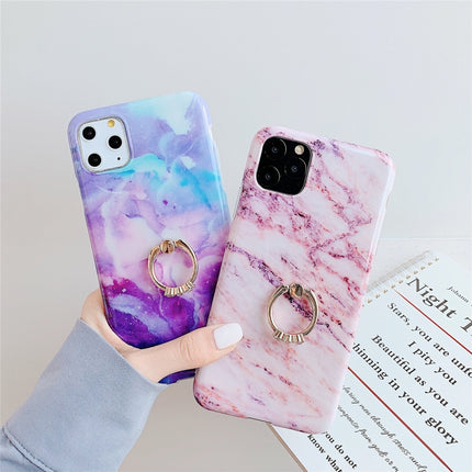 For iPhone 11 TPU Smooth Marble with Ring Metal Rhinestone Bracket Mobile Phone Protective Case(Gold Jade Q1)-garmade.com