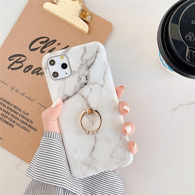 For iPhone 11 TPU Smooth Marble with Ring Metal Rhinestone Bracket Mobile Phone Protective Case(Snow White Q8)-garmade.com