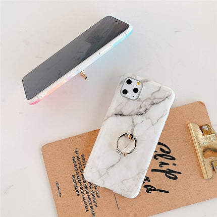 For iPhone 11 TPU Smooth Marble with Ring Metal Rhinestone Bracket Mobile Phone Protective Case(Snow White Q8)-garmade.com