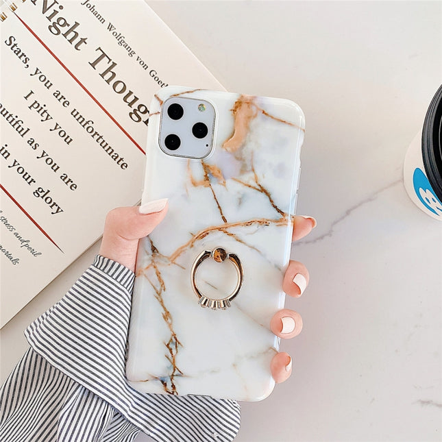 For iPhone 11 TPU Smooth Marble with Ring Metal Rhinestone Bracket Mobile Phone Protective Case(Snowflake Gold Q10)-garmade.com