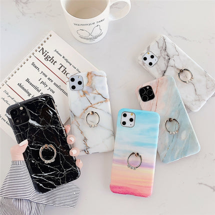 For iPhone 11 TPU Smooth Marble with Ring Metal Rhinestone Bracket Mobile Phone Protective Case(Snowflake Gold Q10)-garmade.com