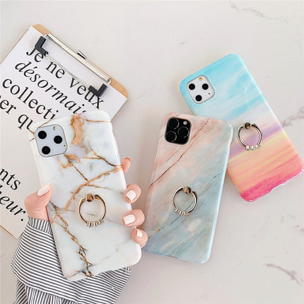 For iPhone 11 TPU Smooth Marble with Ring Metal Rhinestone Bracket Mobile Phone Protective Case(Snowflake Gold Q10)-garmade.com