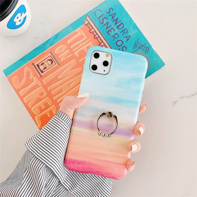 For iPhone 11 TPU Smooth Marble with Ring Metal Rhinestone Bracket Mobile Phone Protective Case(Rainbow Q5)-garmade.com