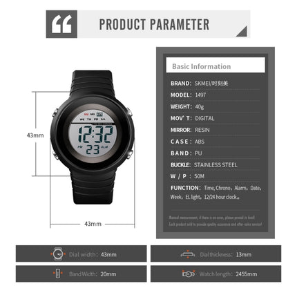 SKMEI 1497 Fashion Simple Backlight Single Display Electronic Watch Timing Alarm Watch(Blue White)-garmade.com