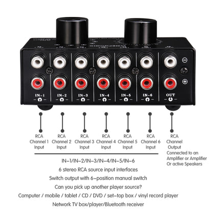 B016 6 Input 1 Output Audio Signal Source Selection Switcher, Output Volume Adjustment Control RCA Port-garmade.com