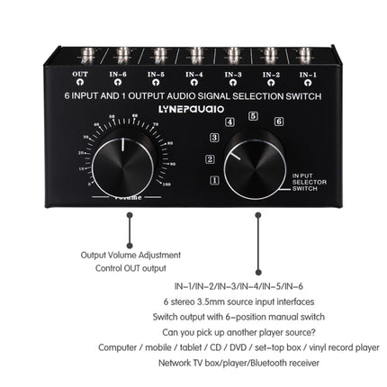 B017 6 Input 1 Output Audio Signal Selection Switcher Output Volume Adjustment Control 3.5mm Interface-garmade.com