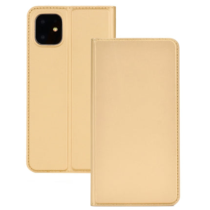 For iPhone 11 Ultra-thin Voltage Plain Magnetic Suction Card TPU+PU Mobile Phone Jacket with Chuck and Bracket(Gold)-garmade.com