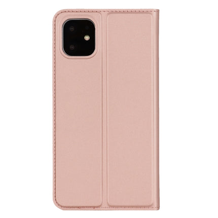For iPhone 11 Ultra-thin Voltage Plain Magnetic Suction Card TPU+PU Mobile Phone Jacket with Chuck and Bracket(Rose Gold)-garmade.com