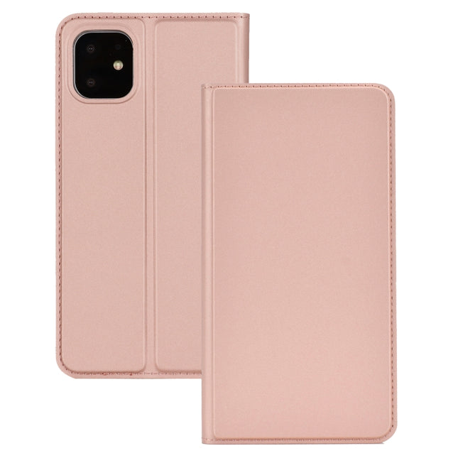 For iPhone 11 Pro Ultra-thin Voltage Plain Magnetic Suction Card TPU+PU Mobile Phone Jacket with Chuck and BracketChuck and Bracket.(Rose Gold)-garmade.com