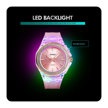 SkMEI 1553 Women LED Color Light Transparent Waterproof Watch Inlaid With Water Drill(Silvery)-garmade.com