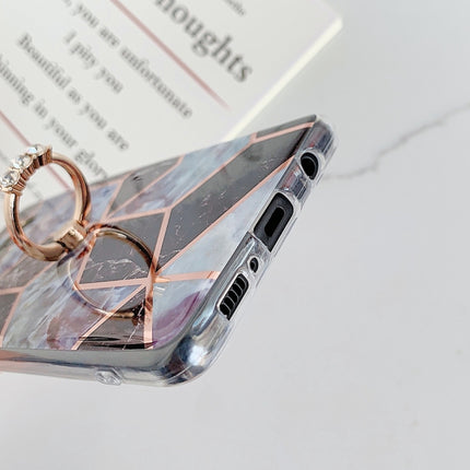 For Galaxy S10 Plating Colorful Geometric Pattern Mosaic Marble TPU Mobile Phone Case Rhinestone Stand Ring(Green PR2)-garmade.com