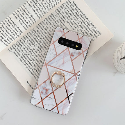 For Galaxy S10 Plating Colorful Geometric Pattern Mosaic Marble TPU Mobile Phone Case Rhinestone Stand Ring(White PR3)-garmade.com