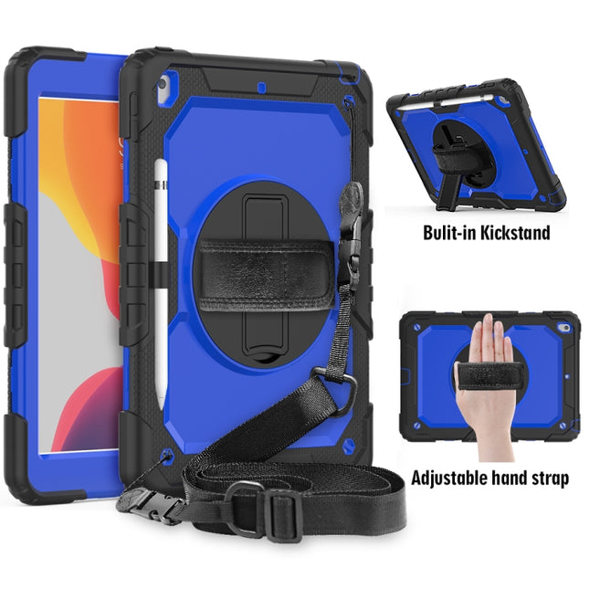 For iPad 10.2 Shockproof Colorful Silica Gel + PC Protective Case with Holder & Shoulder Strap & Hand Strap & Pen Slot(Black+Blue)-garmade.com