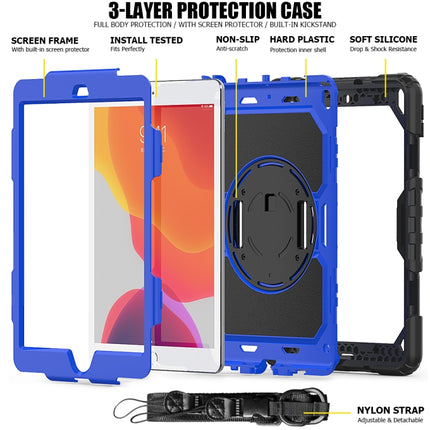 For iPad 10.2 Shockproof Colorful Silica Gel + PC Protective Case with Holder & Shoulder Strap & Hand Strap & Pen Slot(Black+Blue)-garmade.com