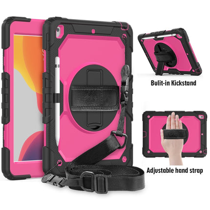 For iPad 10.2 Shockproof Colorful Silica Gel + PC Protective Case with Holder & Shoulder Strap & Hand Strap & Pen Slot(Black+Hot Pink)-garmade.com