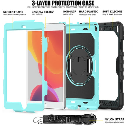 For iPad 10.2 Shockproof Colorful Silica Gel + PC Protective Case with Holder & Shoulder Strap & Hand Strap & Pen Slot(Black+Teal)-garmade.com