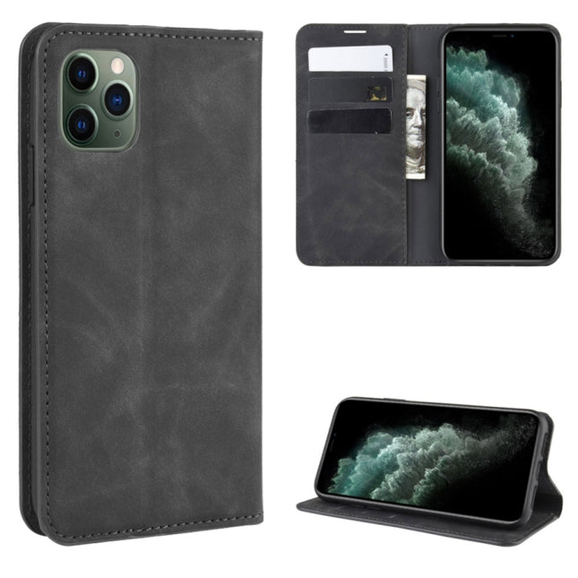For iPhone 11 Pro Max Retro-skin Business Magnetic Suction Leather Case with Purse-Bracket-Chuck(Black)-garmade.com