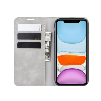 For iPhone 11 Retro-skin Business Magnetic Suction Leather Case with Purse-Bracket-Chuck(Grey)-garmade.com