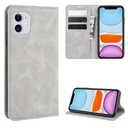 For iPhone 11 Retro-skin Business Magnetic Suction Leather Case with Purse-Bracket-Chuck(Grey)-garmade.com