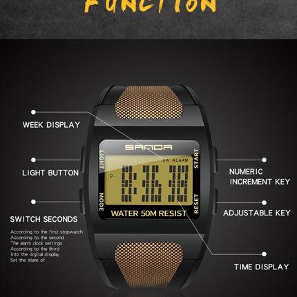 SANDA 222 Men Sports Outdoor Mountaineering Digital Electronic Watch Square Multi functional Waterproof Watch(Gold)-garmade.com