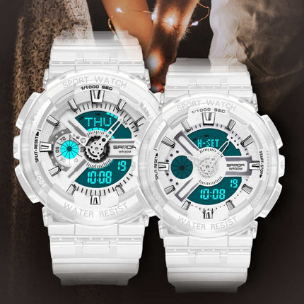 SANDA 298 Watch Men And Women Transparent Watch Waterproof Multi Functional luminous Movement Double Display Couple Electronic Watch(White Woman)-garmade.com