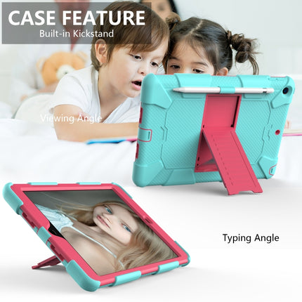For iPad 10.2 Shockproof Two-Color Silicone Protection Case with Holder & Pen Slot(TeaL+Hot Pink)-garmade.com