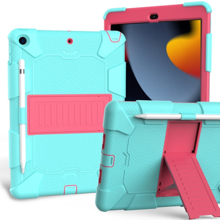 For iPad 10.2 Shockproof Two-Color Silicone Protection Case with Holder & Pen Slot(TeaL+Hot Pink)-garmade.com