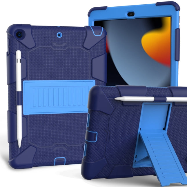For iPad 10.2 Shockproof Two-Color Silicone Protection Case with Holder & Pen Slot(Dark Blue+Blue)-garmade.com