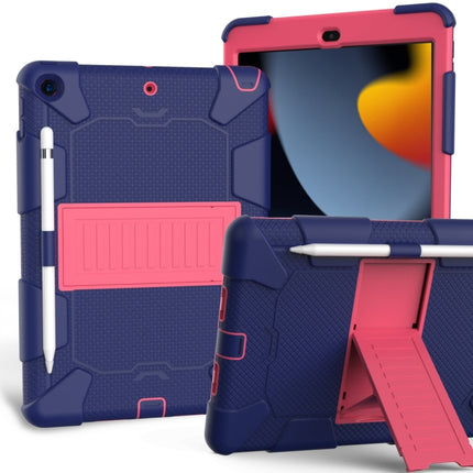 For iPad 10.2 Shockproof Two-Color Silicone Protection Case with Holder & Pen Slot(Dark Blue+Hot Pink)-garmade.com