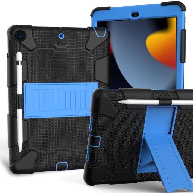For iPad 10.2 Shockproof Two-Color Silicone Protection Case with Holder & Pen Slot(Black+Blue)-garmade.com
